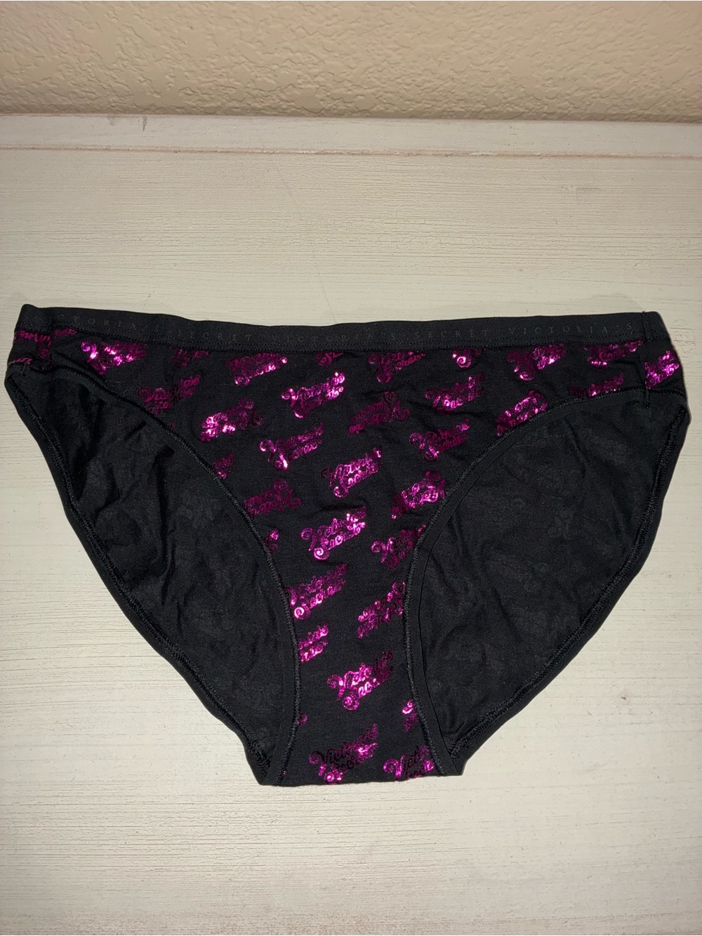 Victoria's Secret Black Bikini Briefs with Pink Tag Signature Print NEW